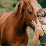 Young beautiful girl hugging horse at nature.